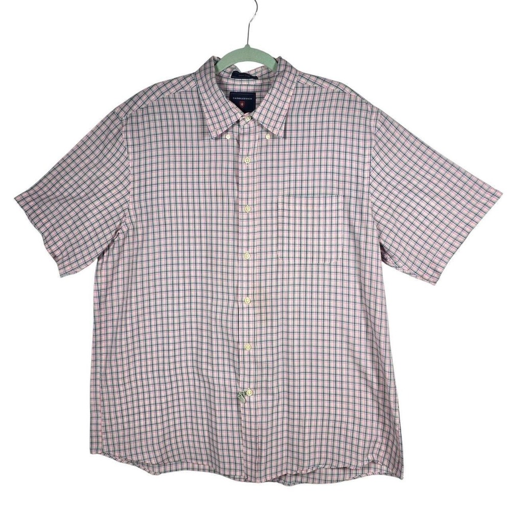 Saddlebred Mens XL Pink Blue Plaid Short Sleeve Easy Care Button Down Shirt